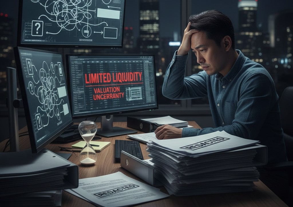 A stressed investor sitting at a desk with multiple monitors displaying "Limited Liquidity" and "Valuation Uncertainty" while looking at a stack of redacted documents.
