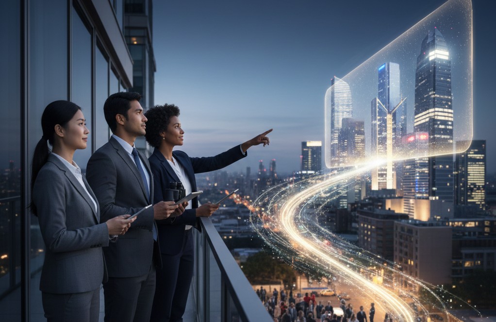 Three professional investors standing on a high-rise balcony at dusk, looking at a digital holographic display of a city skyline representing growth and market momentum.