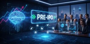 A group of professional investors in a dark high-tech boardroom looking at a large glowing blue digital display that says "PRE-IPO" next to a glowing brain diagram and financial growth charts.