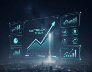 A conceptual financial dashboard overlaying a night cityscape. The central panel features a large, glowing blue line graph trending upward with an arrow pointing to the text "$2.5 TRILLION BY 2030". A rocket is shown lifting off directly behind the growth line, merging with its trajectory. Surrounding the main graph are smaller data modules including a candlestick chart, a pie chart, and a "Funding Rounds" bar graph, alongside icons for Leadership, Market Trends, Liquidity, and Growth.