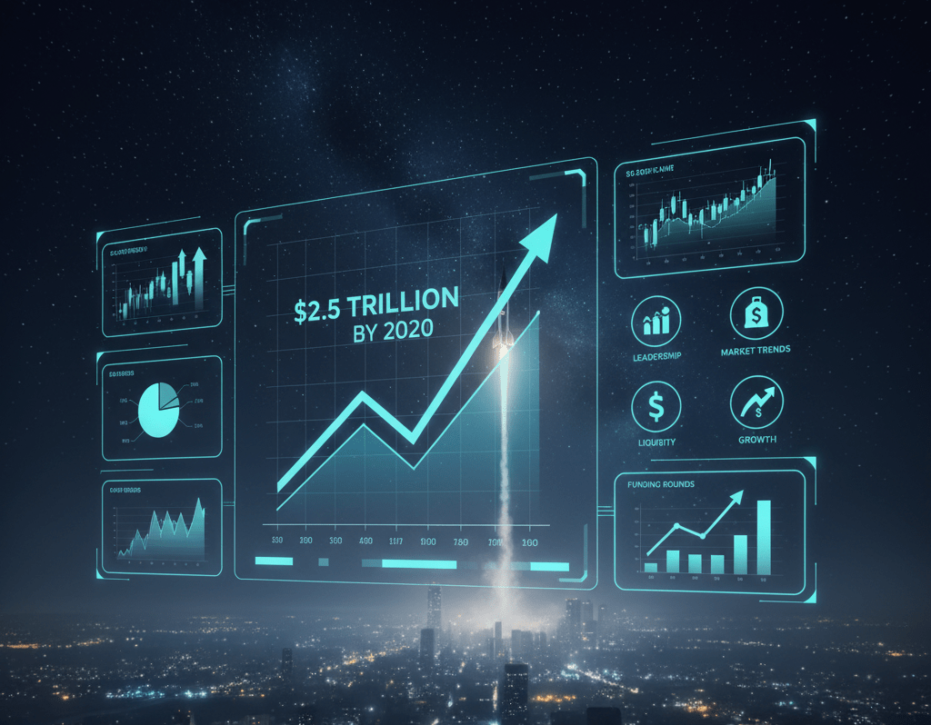 A conceptual financial dashboard overlaying a night cityscape. The central panel features a large, glowing blue line graph trending upward with an arrow pointing to the text "$2.5 TRILLION BY 2030". A rocket is shown lifting off directly behind the growth line, merging with its trajectory. Surrounding the main graph are smaller data modules including a candlestick chart, a pie chart, and a "Funding Rounds" bar graph, alongside icons for Leadership, Market Trends, Liquidity, and Growth.