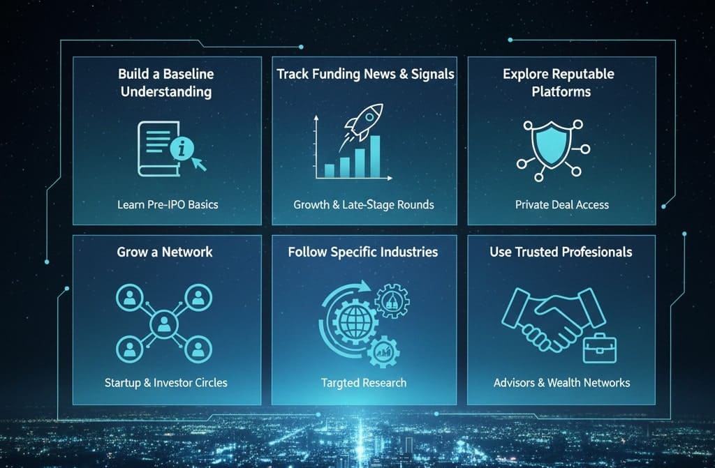 An informational infographic titled "How to Find Pre-IPO Investment Opportunities" from buypreipostock.com, featuring six core strategies presented in a blue-tinted digital dashboard. The panels include Build a Baseline Understanding with a book icon; Track Funding News & Signals featuring a rocket and growth bar chart; Explore Reputable Platforms showing a shield network; Grow a Network with a social graph icon; Follow Specific Industries featuring gear and globe icons; and Use Trusted Professionals illustrated by a handshake.
