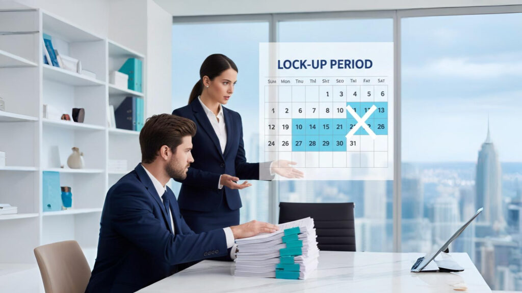 Two suited professionals in a high‑rise office reviewing a stack of teal‑clipped documents while a projected "LOCK-UP PERIOD" calendar appears on the window — Pre-IPO.