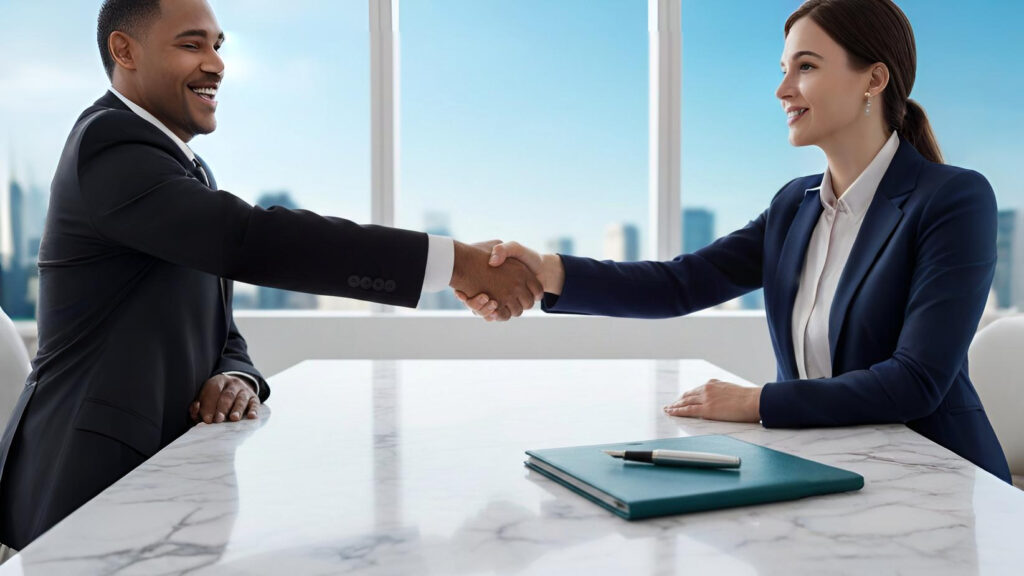 Two businesspeople in suits shaking hands across a marble table with a teal folder and pen in the foreground and a city skyline visible through the windows — Pre-IPO.