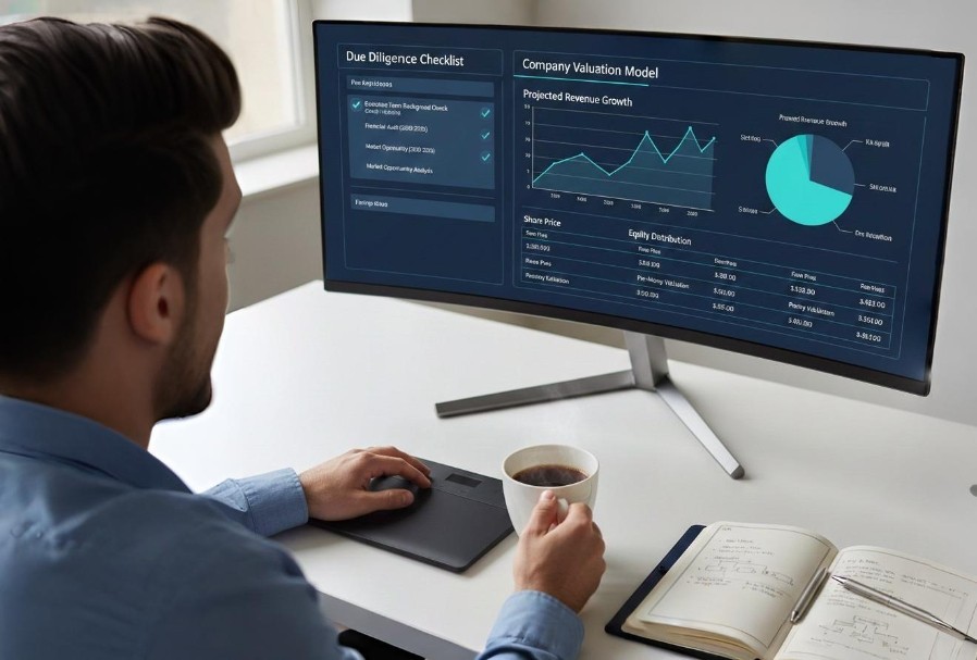 A high-resolution photograph of a professional workstation in a minimalist home office. An ultra-wide curved monitor displays a sophisticated "Company Valuation Model" and a "Due Diligence Checklist," featuring multiple interactive charts like a projected revenue line graph and a detailed equity distribution pie chart. In the foreground, a person's hands are visible: one operating a sleek black trackpad and the other holding a white ceramic mug of steaming coffee. An open notebook with handwritten notes and two silver pens sits on the clean white desk, symbolizing the intense research required for private market transactions.