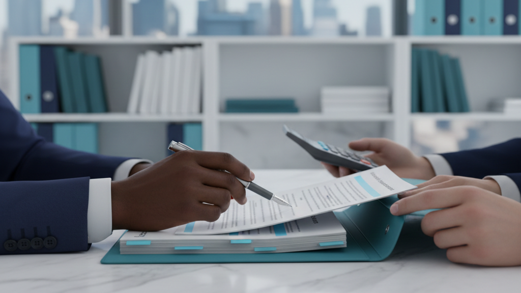 Two suited professionals reviewing and annotating a thick teal-bound packet of financial documents with a calculator nearby — Pre-IPO.