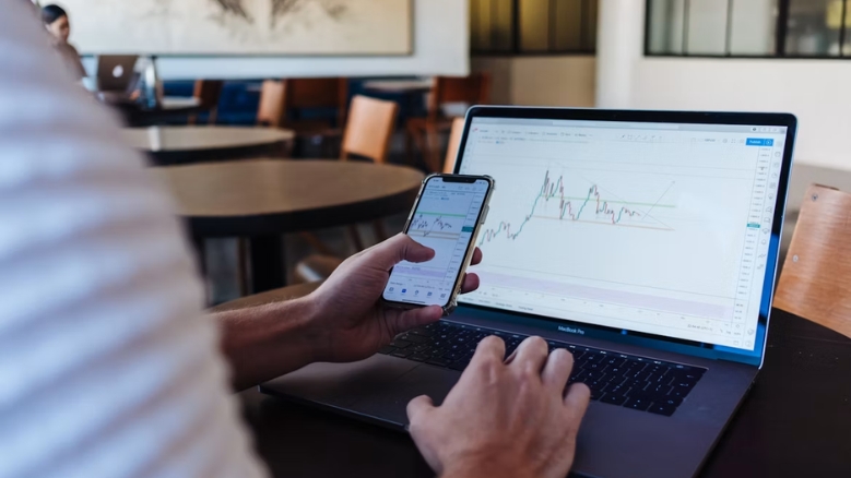 person tracking stock market line charts