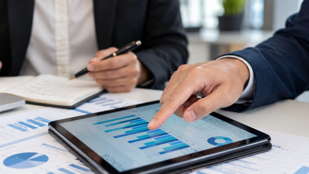 displaying business charts and financial data analytics