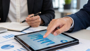 displaying business charts and financial data analytics